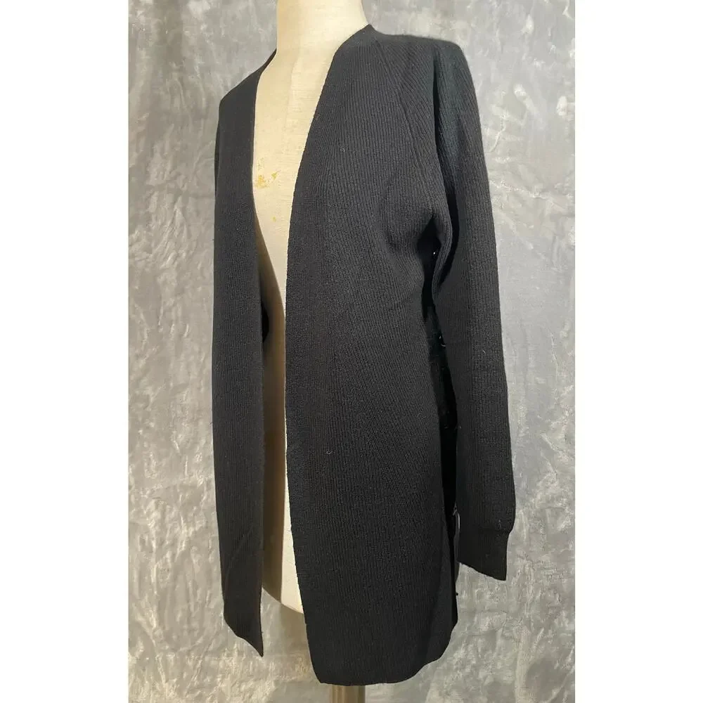 100% Cashmere black ribbed tunic length open front cardigan luxury‎ XS capsule